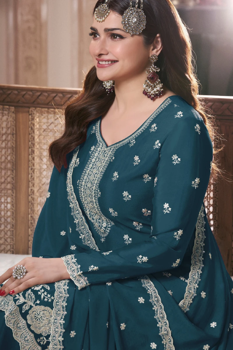 Aqua Blue Chinon Silk Embroidered Plazzo Suit