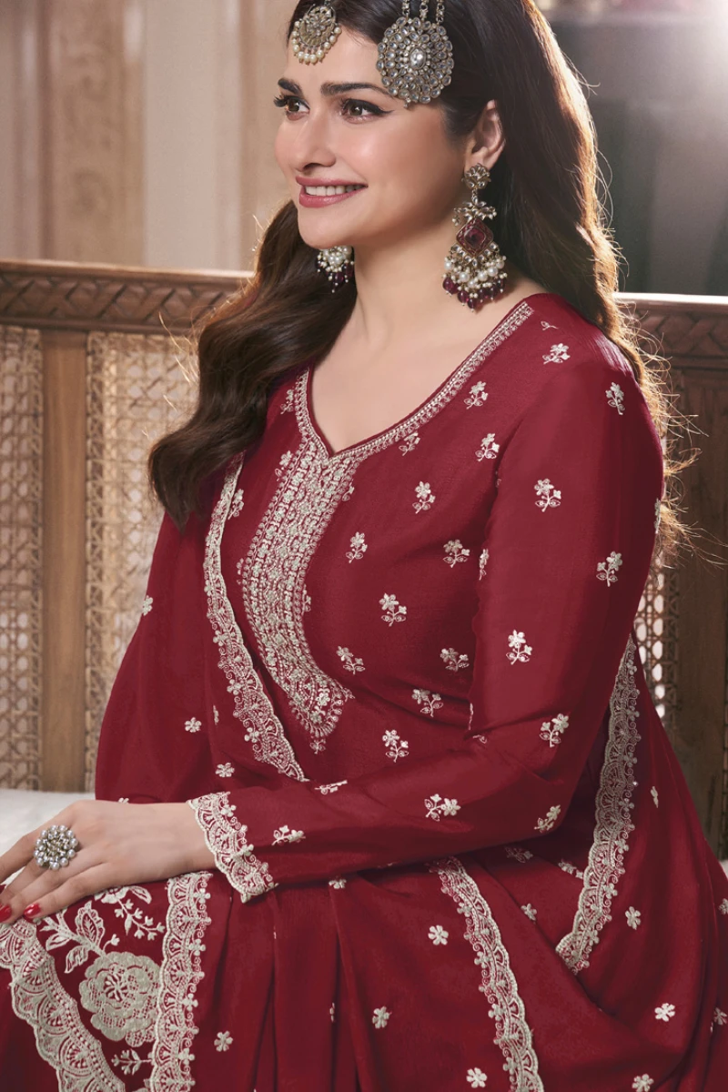 Maroon Chinon Silk Embroidered Plazzo Suit