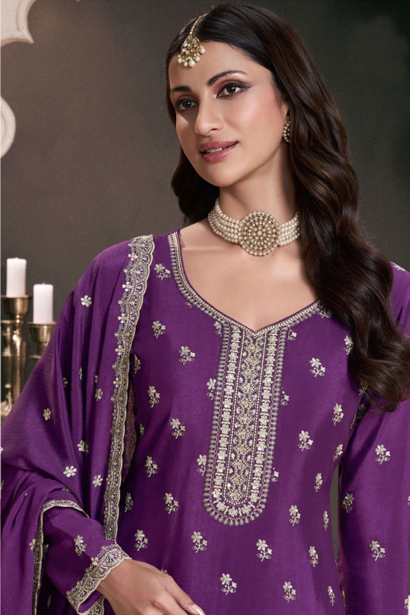 Violet Chinon Silk Thread Work Sharara Suit