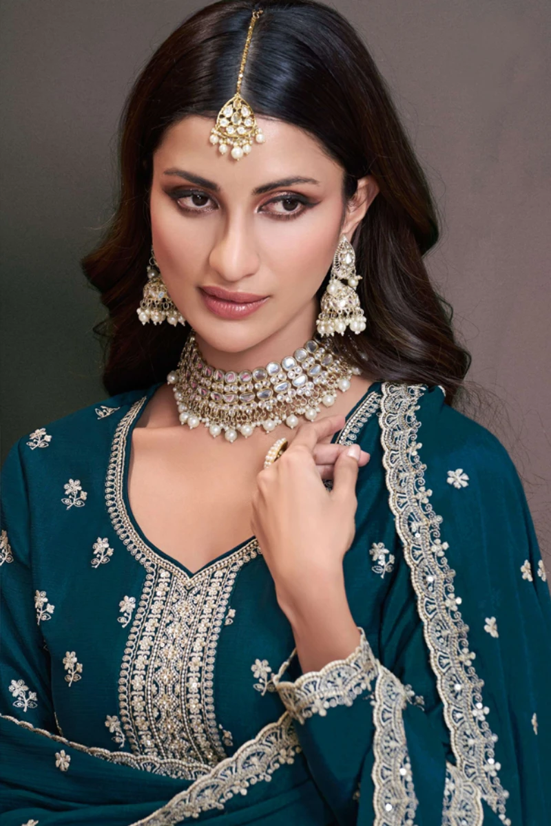 Royal Blue Chinon Silk Thread Work Sharara Suit