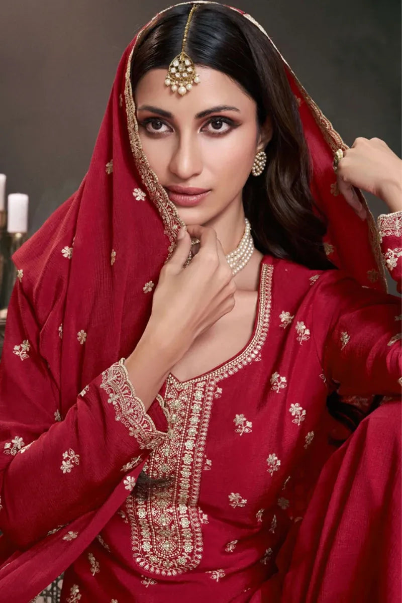 Red Chinon Silk Thread Work Sharara Suit