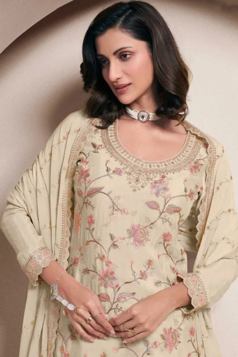 Cream Chinon Silk Embroidered Sharara Suit