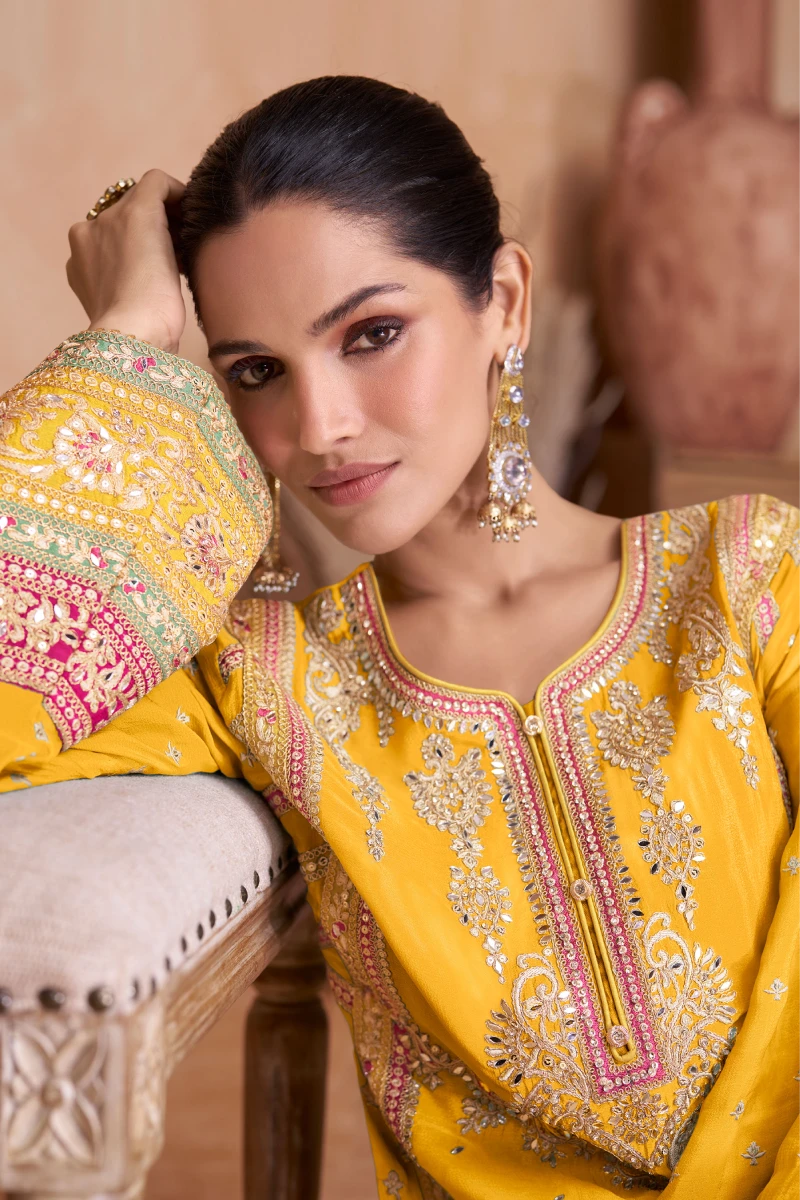 Graceful Yellow Chinon Silk Straight Palazzo Set