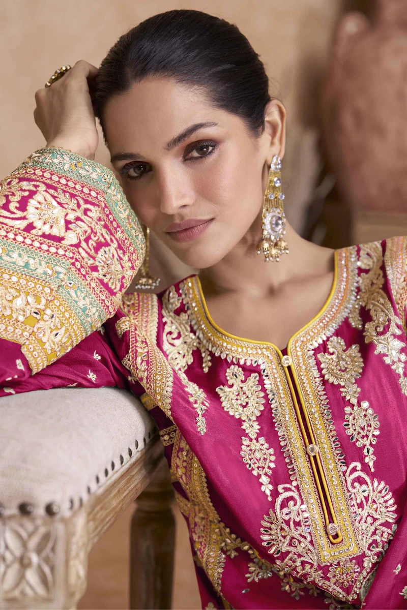 Pink Chinnon Palazzo Suit with Straight Kurta & Dupatta