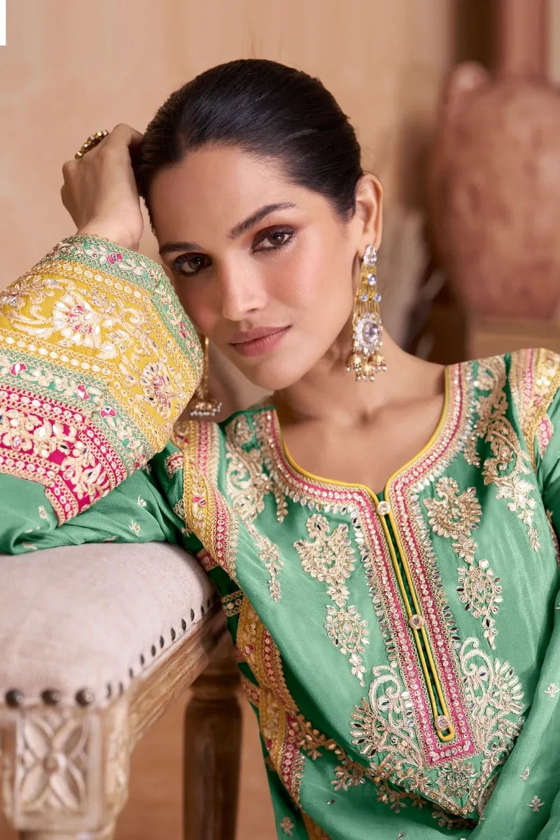 Green Chinnon Zari Embroidered Palazzo Suit