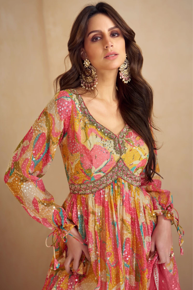 Multi-Colored Embroidered, Handwork & Print Chinnon Gown