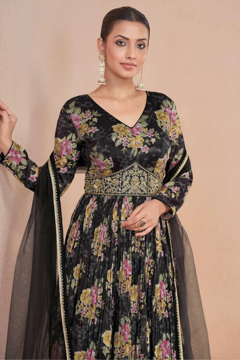 Black Chinnon Embroidered Gown with Net Dupatta