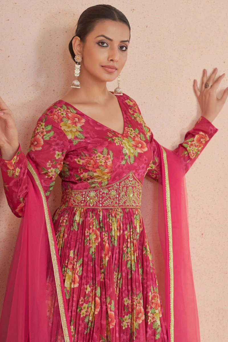 Pink Chinnon Embroidered Gown with Net Dupatta