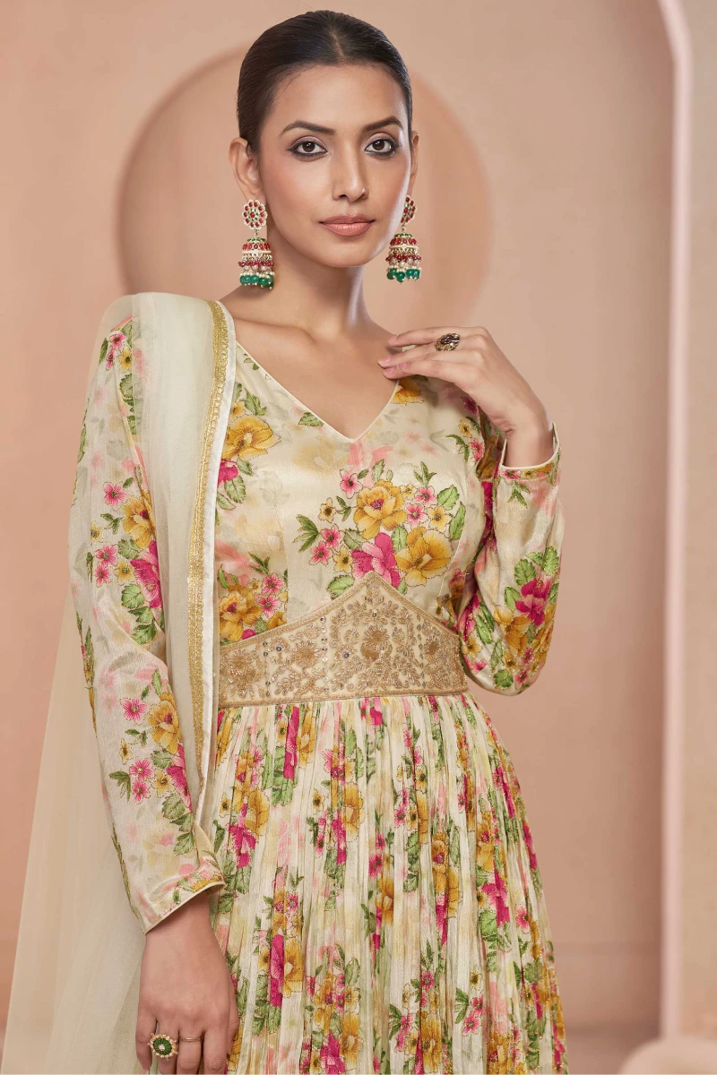 Beige Chinnon Embroidered Gown with Net Dupatta