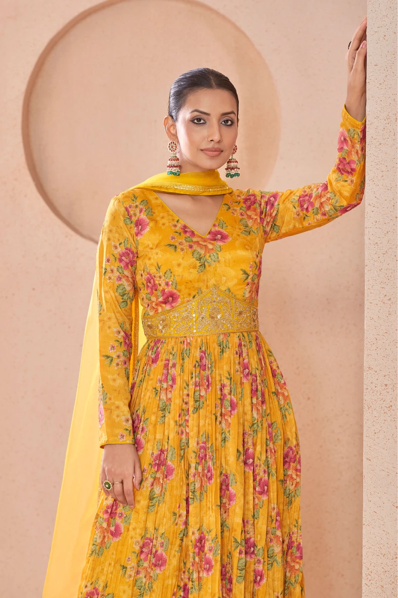 Mustard Chinnon Embroidered Gown with Net Dupatta