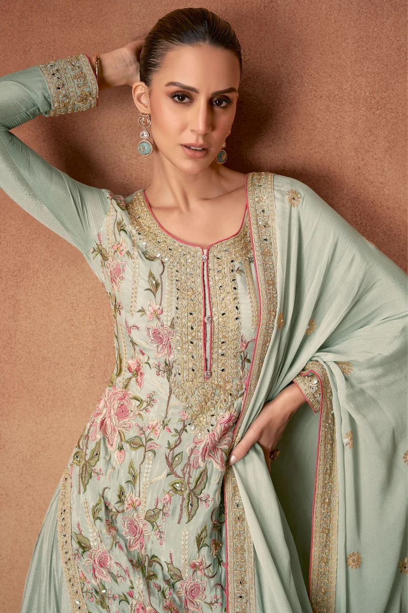 Grey Chinnon Palazzo Suit with Embroidery & Sequins
