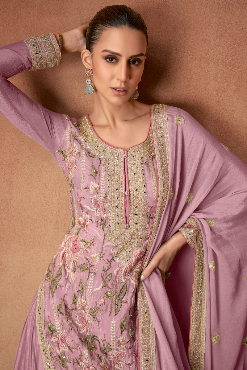 Light Mauve Chinnon Palazzo Suit with Embroidery & Sequins