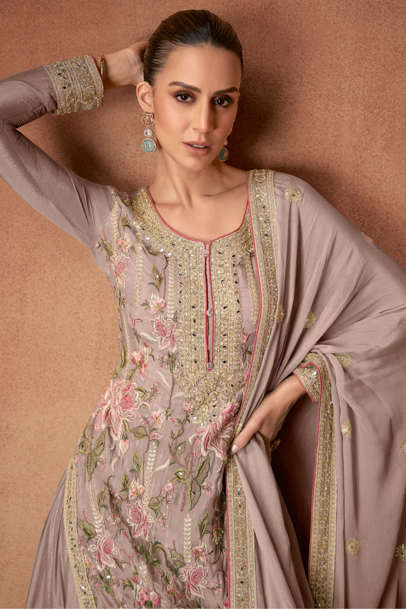 Rose Gold Chinnon Palazzo Suit with Embroidery & Sequins