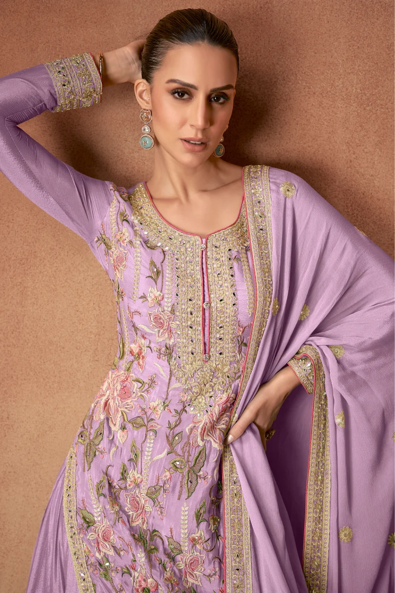 Lilac Chinnon Palazzo Suit with Embroidery & Sequins