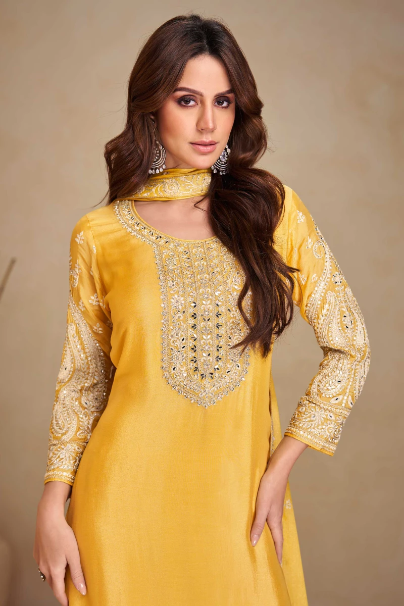 Yellow Chinnon Palazzo Suit with Embroidery & Sequins