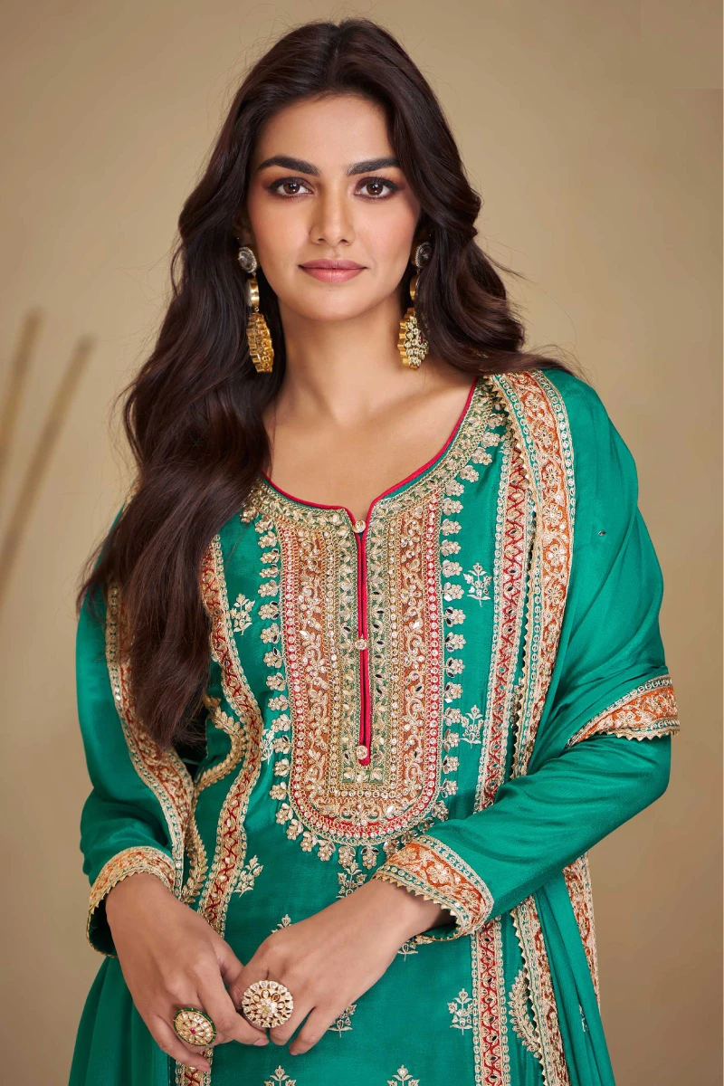 Teal Green Chinnon Palazzo Suit with Embroidery & Sequins