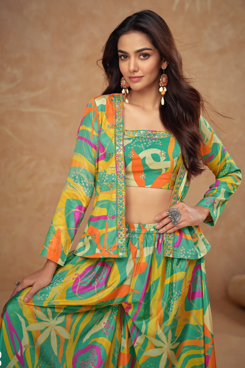 Multicolor Chinon Embroidered Palazzo Suit with Full Sleeves Jacket