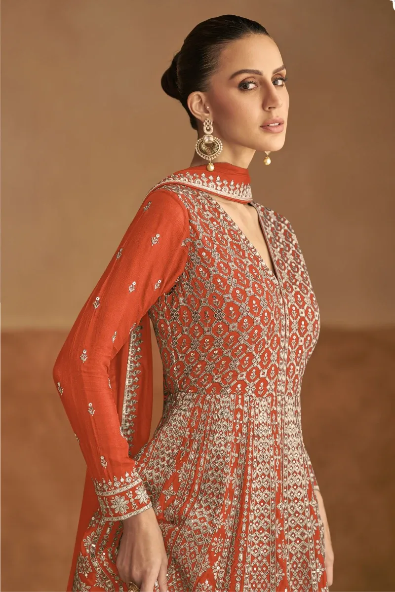 Orange Chinon Gown with Embroidery & Sequins