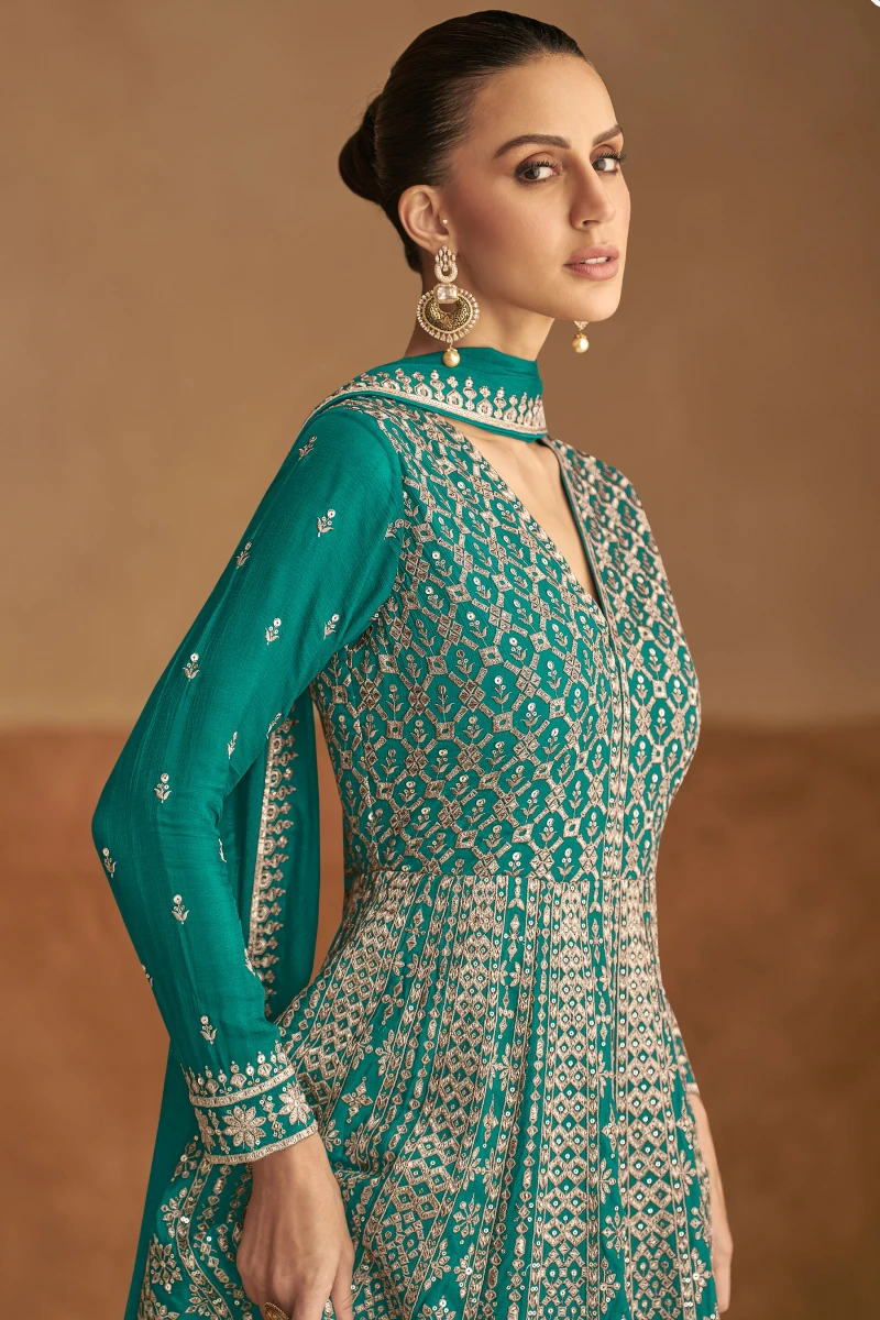 Turquoise Blue Chinon Gown with Embroidery & Sequins