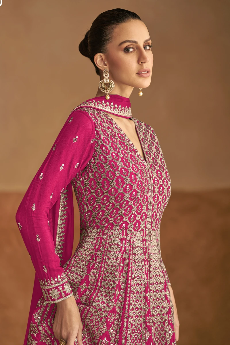 Pink Chinon Gown with Embroidery & Sequins