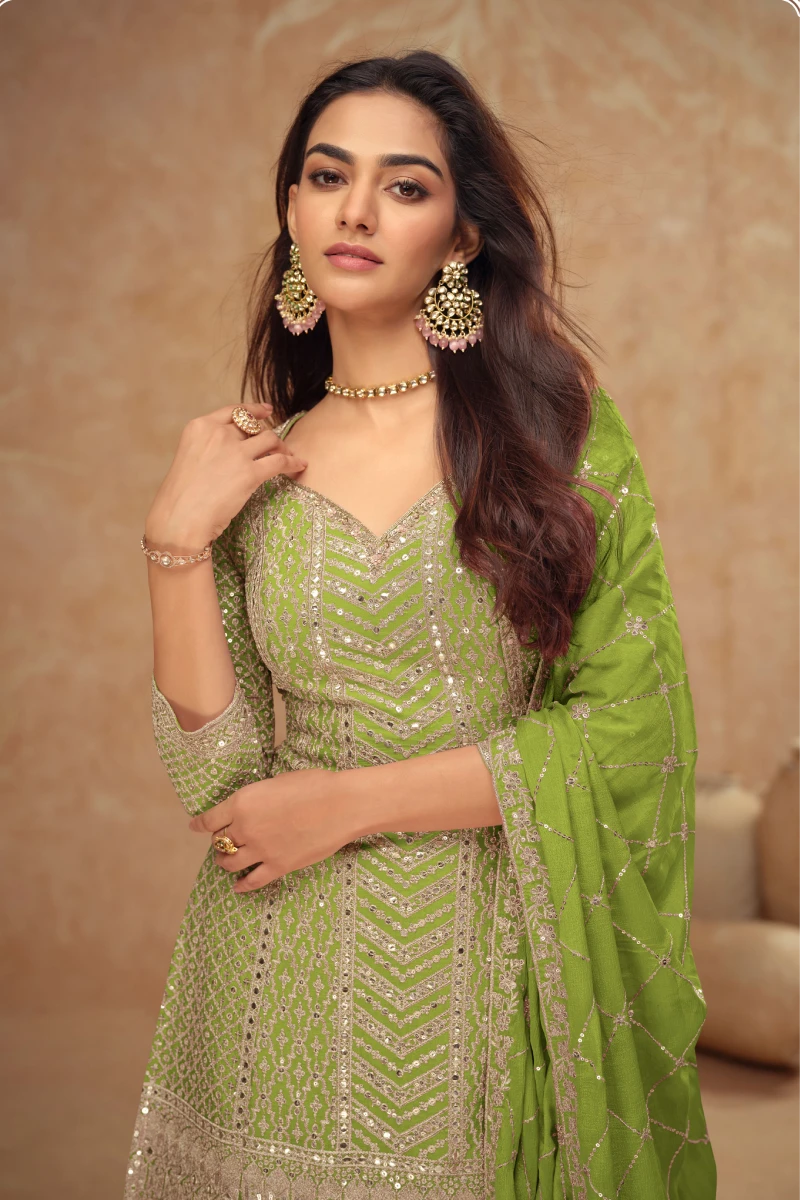 Lime Green Chinnon Palazzo Suit with Embroidery & Sequins