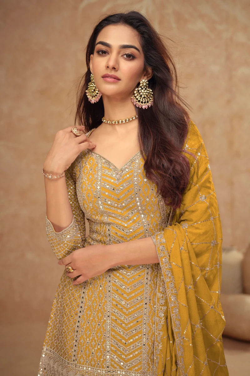 Mustard Chinnon Palazzo Suit with Embroidery & Sequins