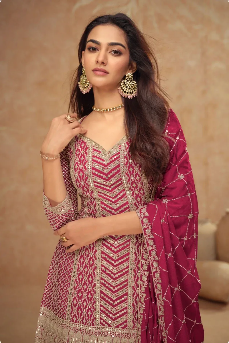 Pink Chinnon Palazzo Suit with Embroidery & Sequins