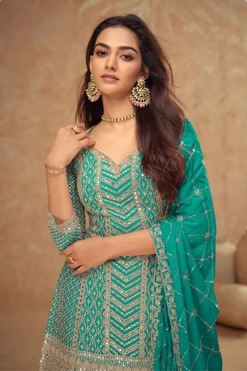 Turquoise Blue Chinnon Palazzo Suit with Embroidery & Sequins