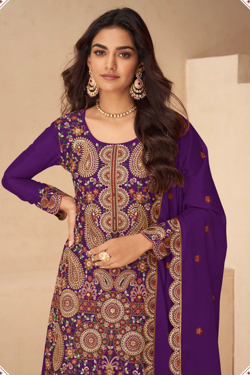 Purple Chinon Palazzo Suit with Dupatta