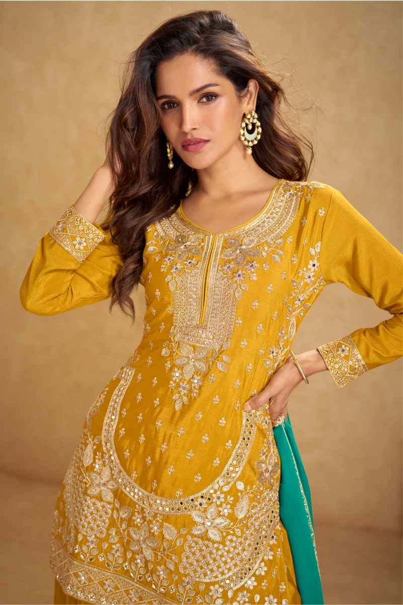 Mustard Chinon Embroidered Kurta with Palazzo and Green Dupatta