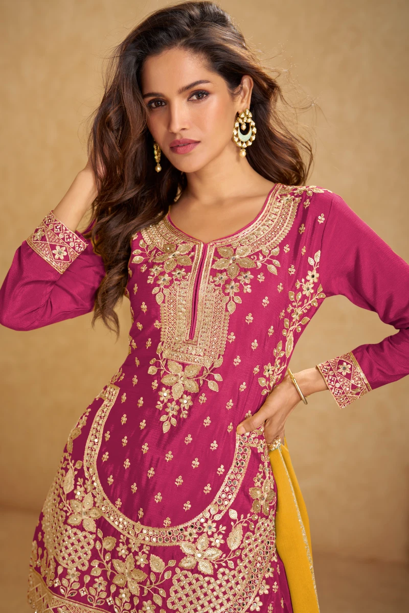 Red Chinon Embroidered Kurta with Palazzo and Mustard Dupatta