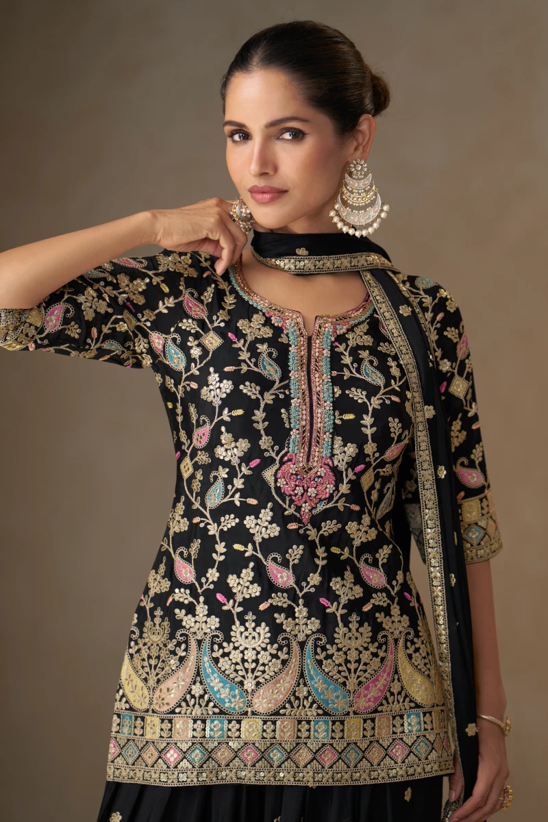 Elegant Black Chinon Fully Embroidered Top & Palazzo Set