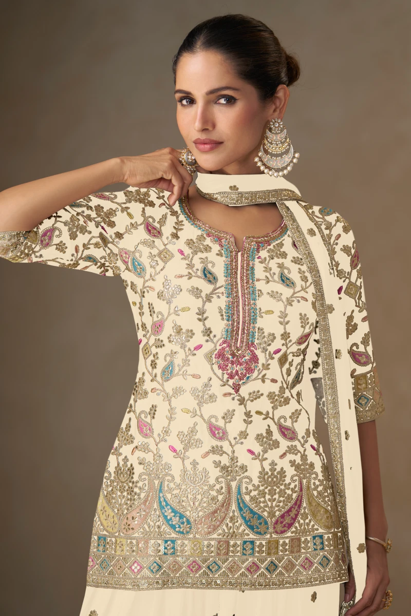 Graceful Cream Chinon Fully Embroidered Top & Palazzo Set