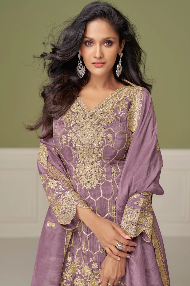 Light Violet Simar Silk Embroidered Sharara Set with Dupatta
