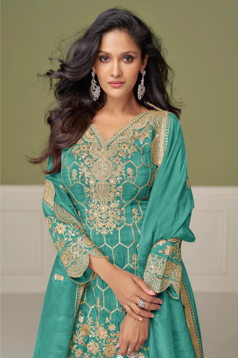 Spring Green Simar Silk Embroidered Sharara Set with Dupatta