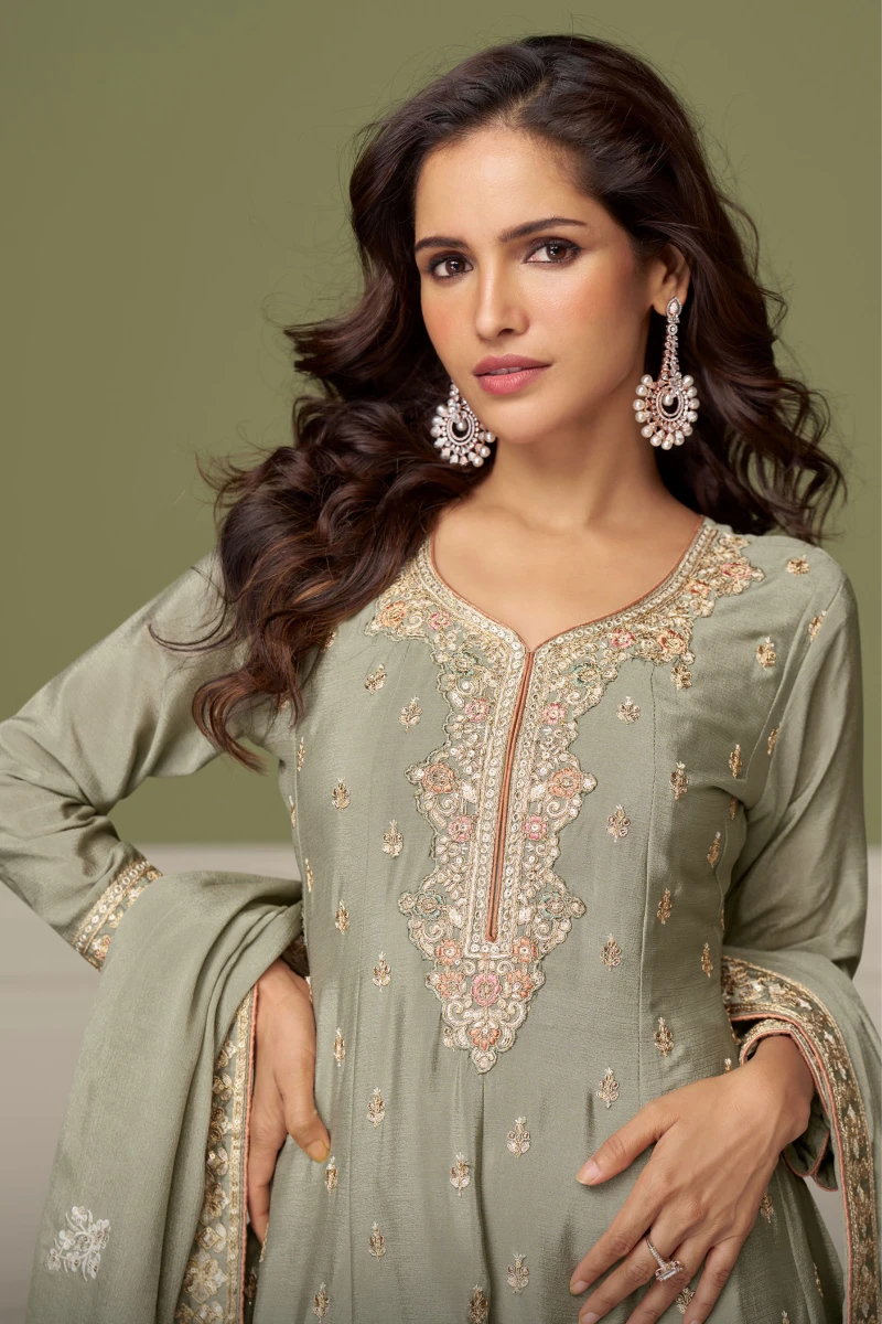 Dusty Green Chinnon Silk Embroidered Anarkali Palazzo Suit with Dupatta