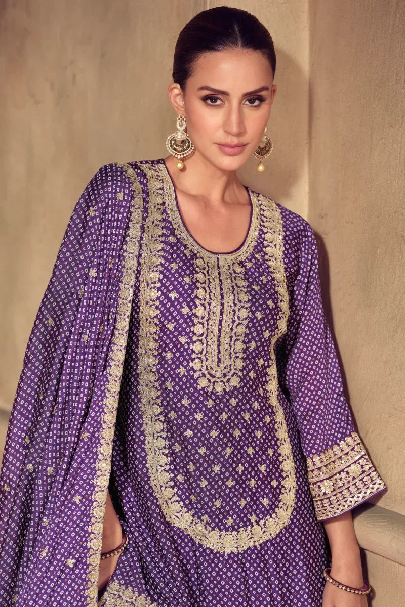 Purple Chinon Palazzo Suit with Zari Embroidery