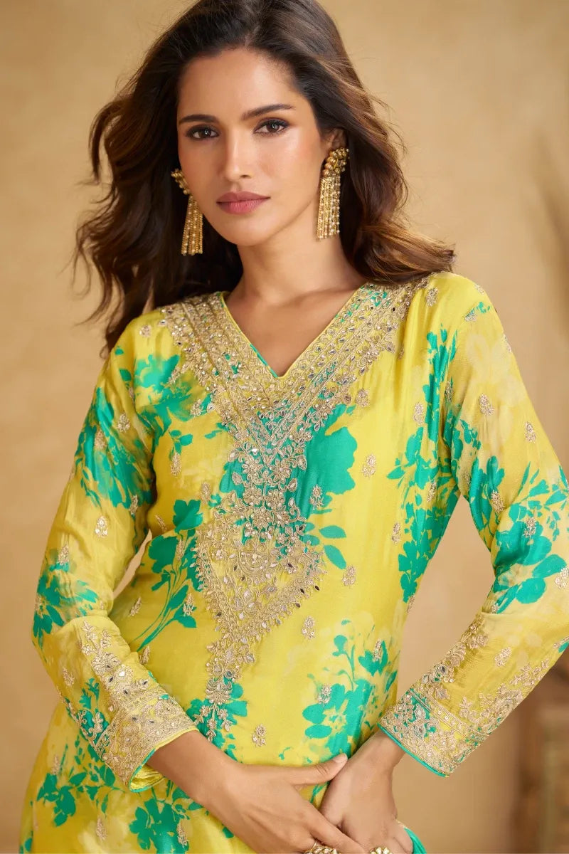 Yellow Chinon Embroidered & Floral Printed Palazzo Suit