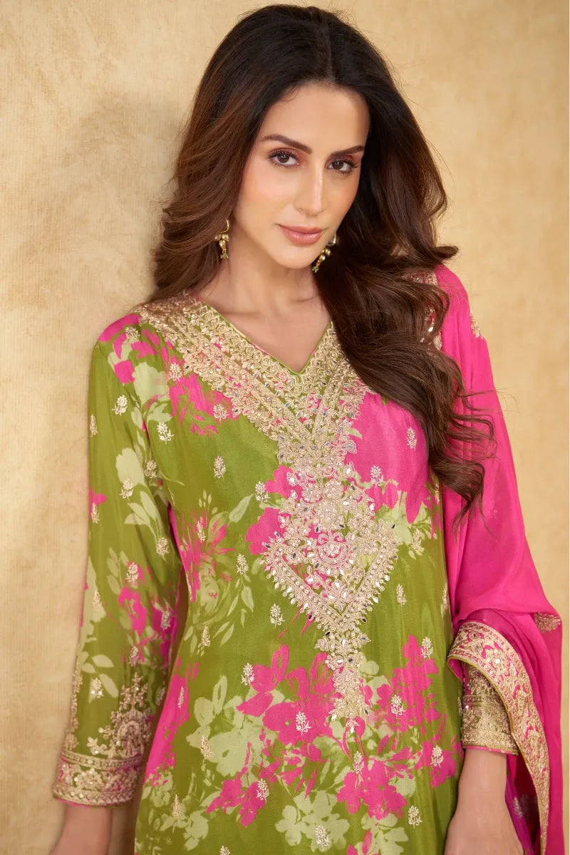 Mehendi Green Chinon Embroidered & Floral Printed Palazzo Suit
