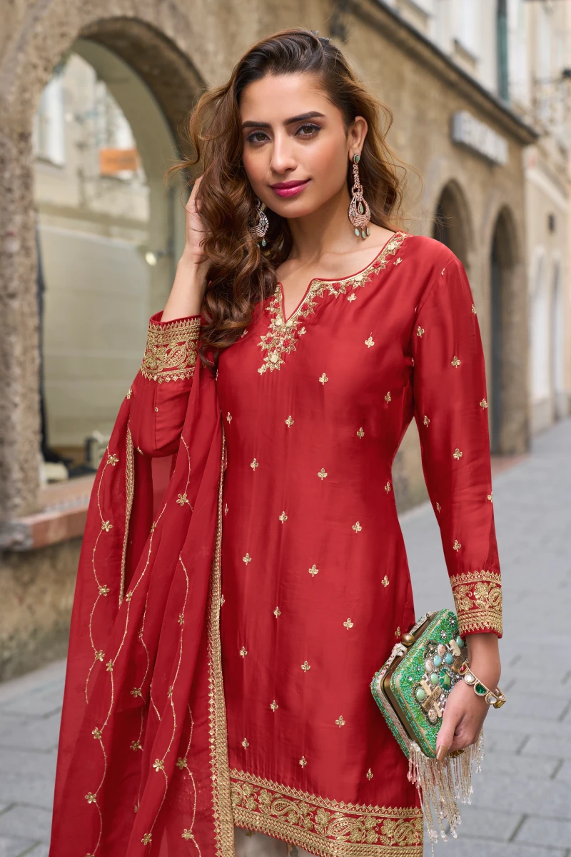 Red Chinon Embroidered Kurta with Cream Sharara