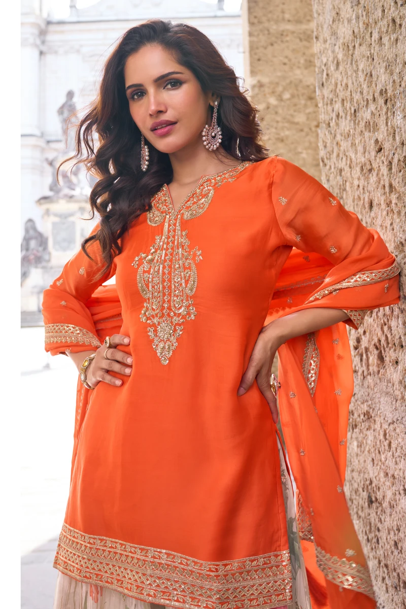 Orange Chinon Embroidered Kurta with Cream Sharara