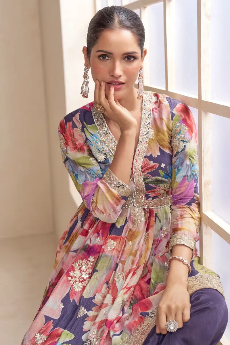 Violet Chinon Palazzo Suit with Dupatta