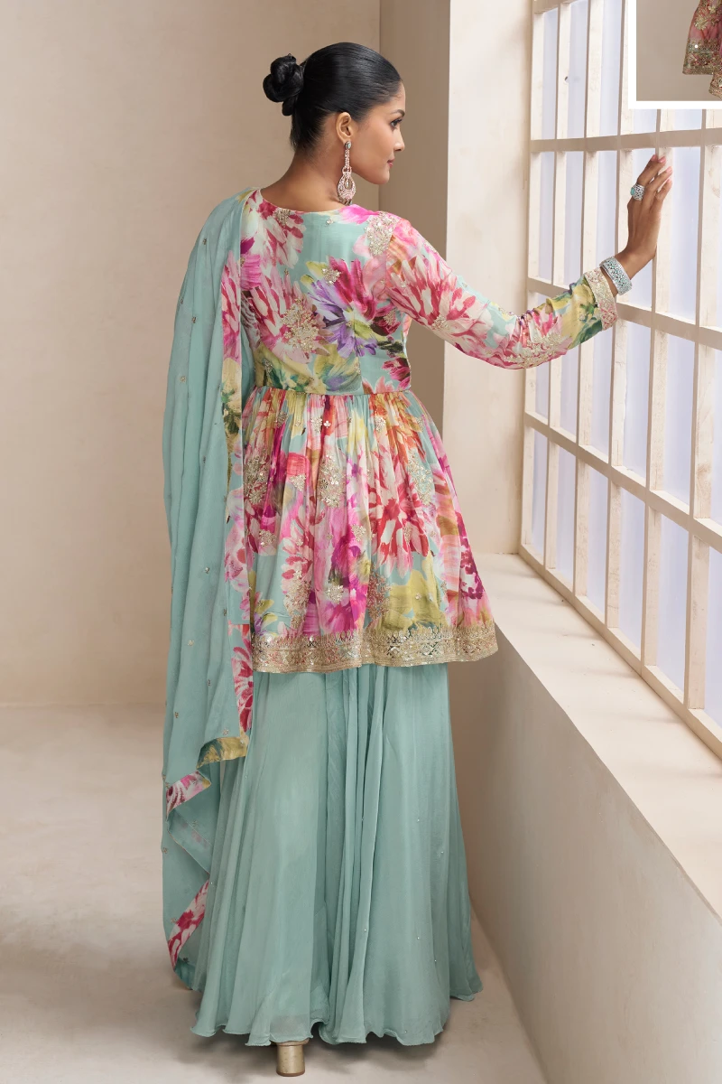 Sea Blue Chinon Palazzo Suit with Dupatta
