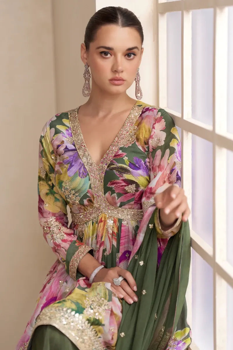 Green Chinon Palazzo Suit with Dupatta