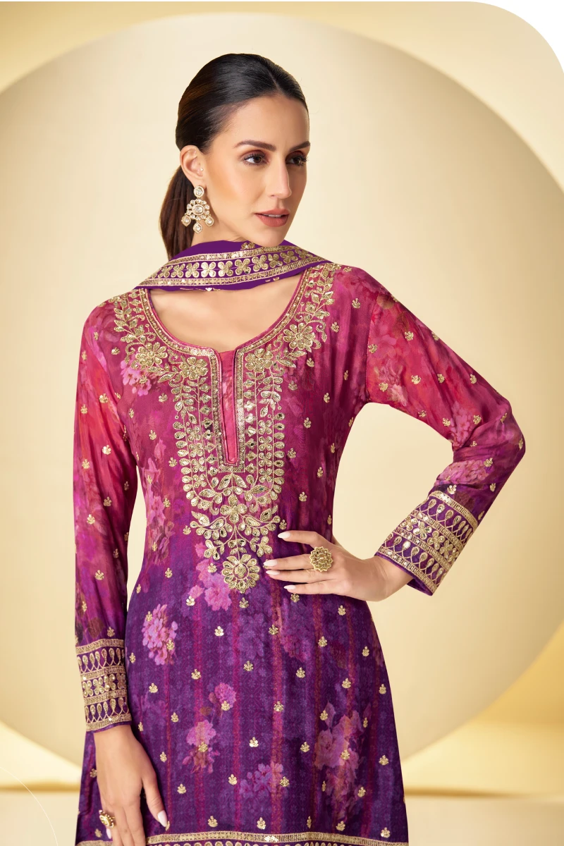 Red & Purple Mix Chinon Silk Embroidered Palazzo Suit with Dupatta