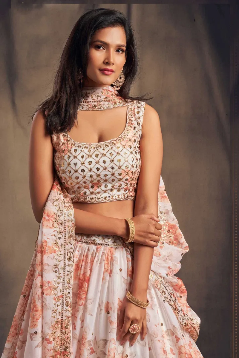 Off White Floral Lehenga with Sequins in Organza