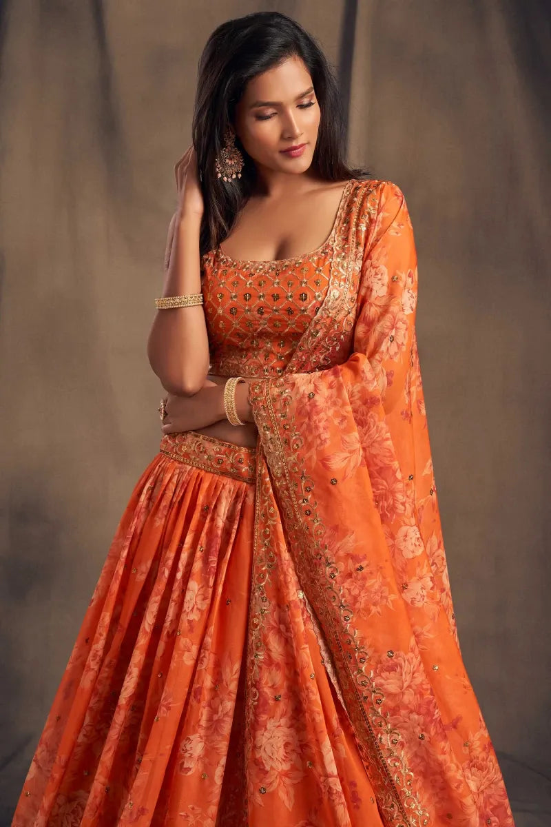 Orange Floral Print Organza Lehenga with Blouse