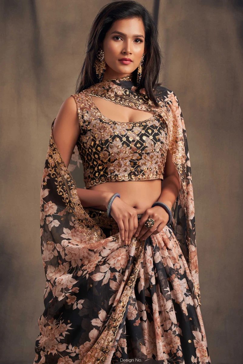 Black Floral Print Organza Lehenga with Blouse