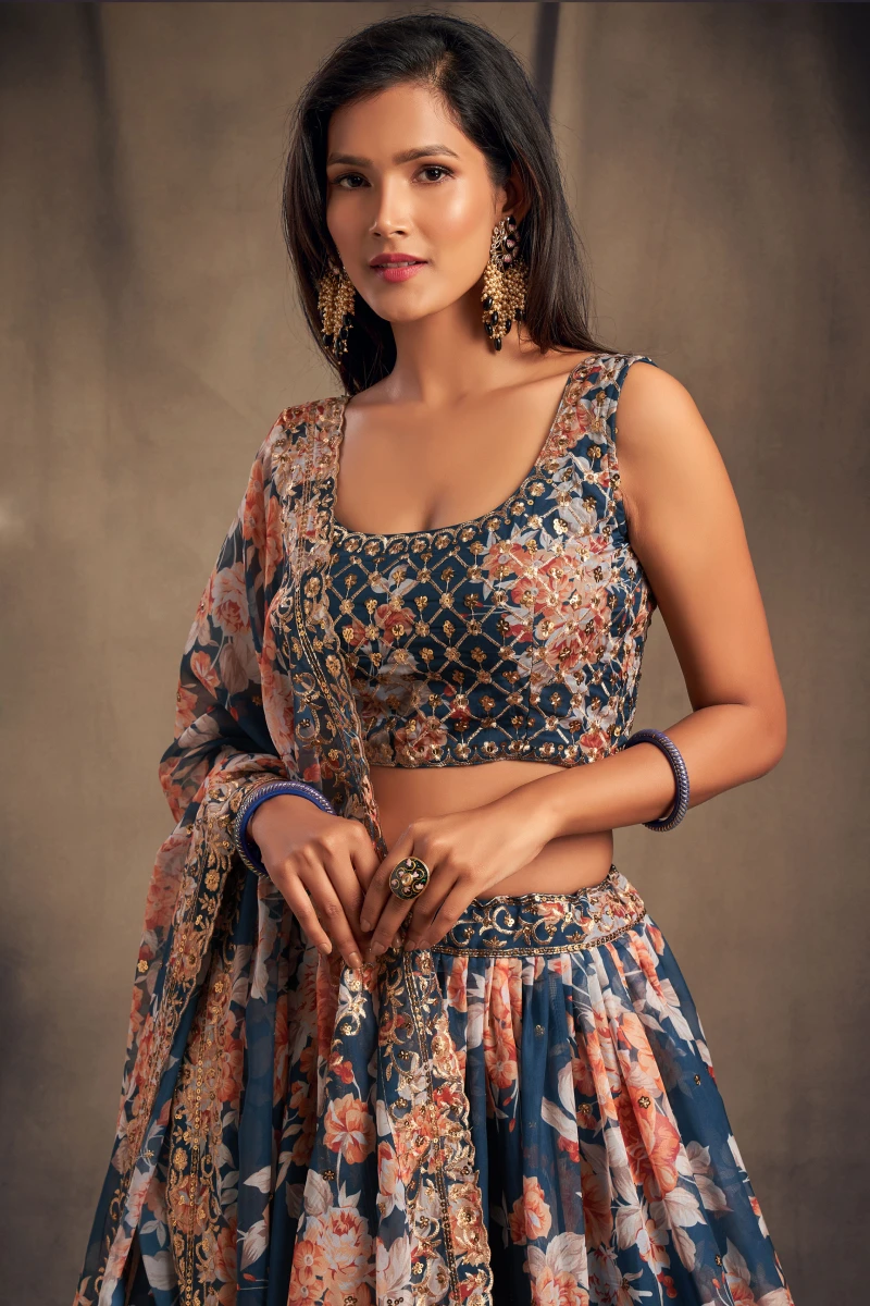 Blue Floral Print Organza Lehenga with Blouse