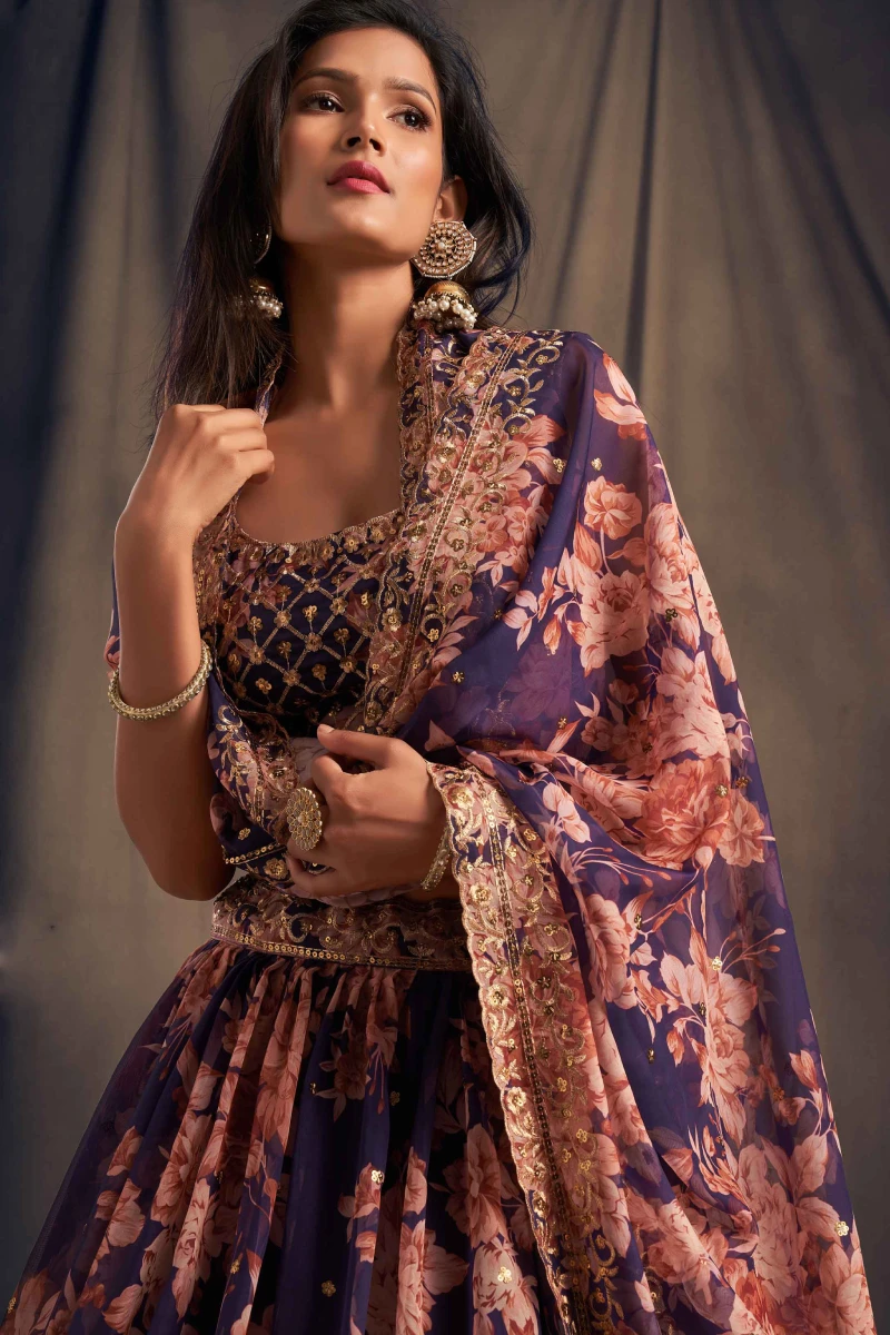 Blue Floral Print Organza Lehenga with Blouse